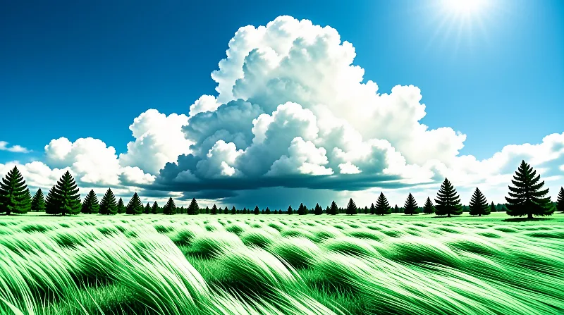 Green grass blows across a meadow bordered by pine trees under a blue sky with massive white clouds and strong sunlight.