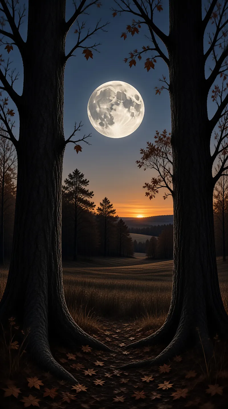 Tree trunks frame a large full moon above a grassy field with a sunset glowing over distant forest hills.