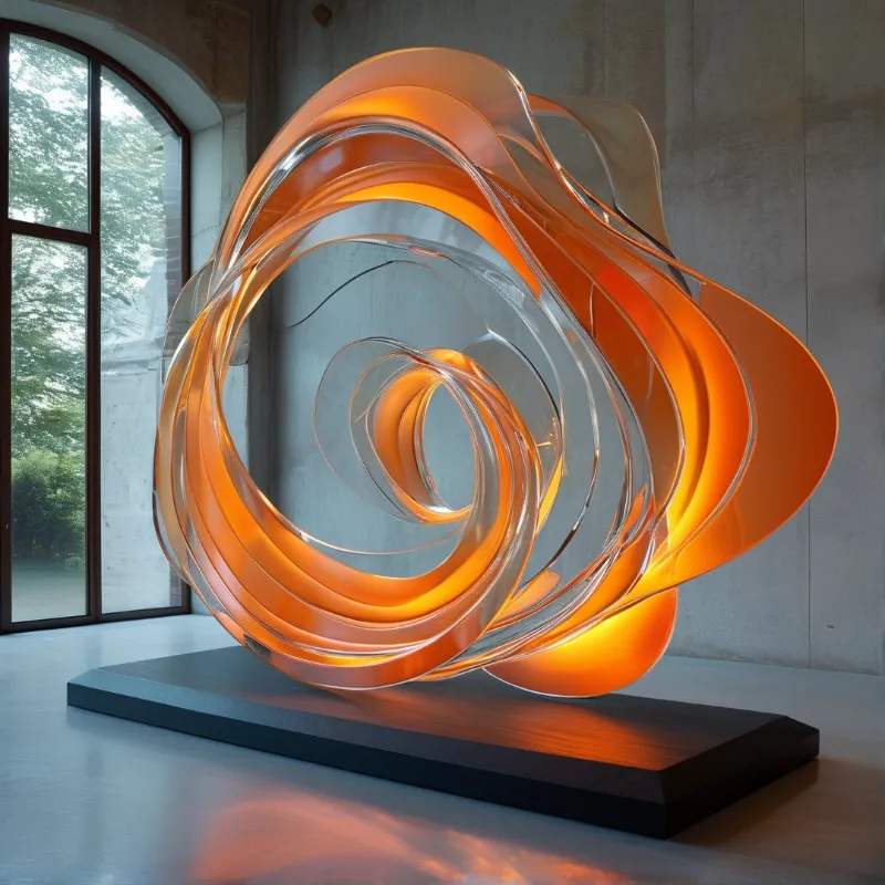 A twisted orange glass sculpture sits on a black plinth in a minimalist concrete room with natural light.