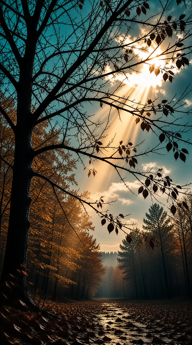 A bare autumn tree frames golden sunbeams spilling through clouds onto a leaf-covered path deep in the woods