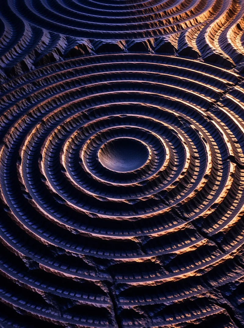 Concentric channels chiseled into rough dark rock catch a warm amber glow along their raised rims