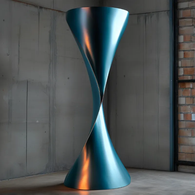 A smooth teal twisted sculpture stands against grey concrete walls in an industrial room.
