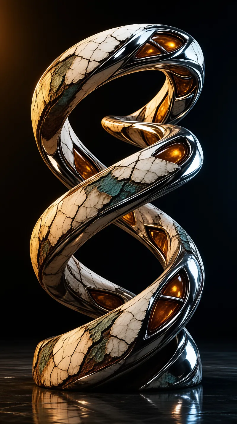 A twisting metallic ribbon wrapped in cracked pale stone and glowing amber insets stands against a black backdrop.