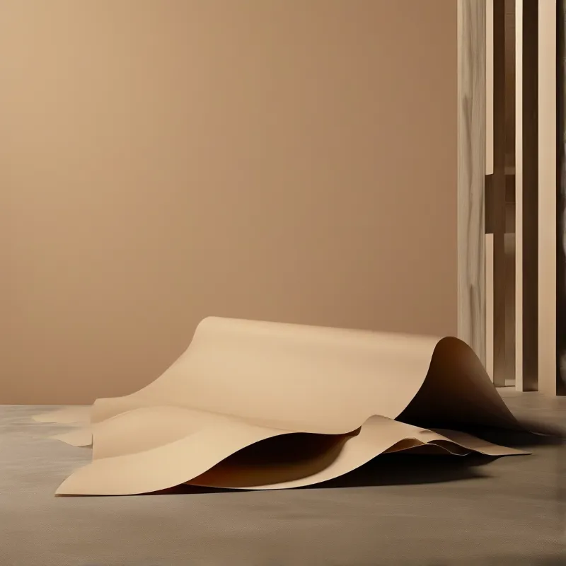 An undulating beige paper sheet rests on a grey surface beside wooden architectural elements under soft warm lighting.