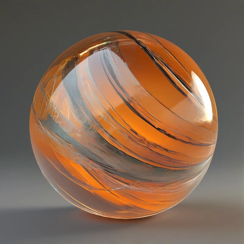 A translucent orange glass orb containing dark fluid streaks rests on a smooth neutral surface.