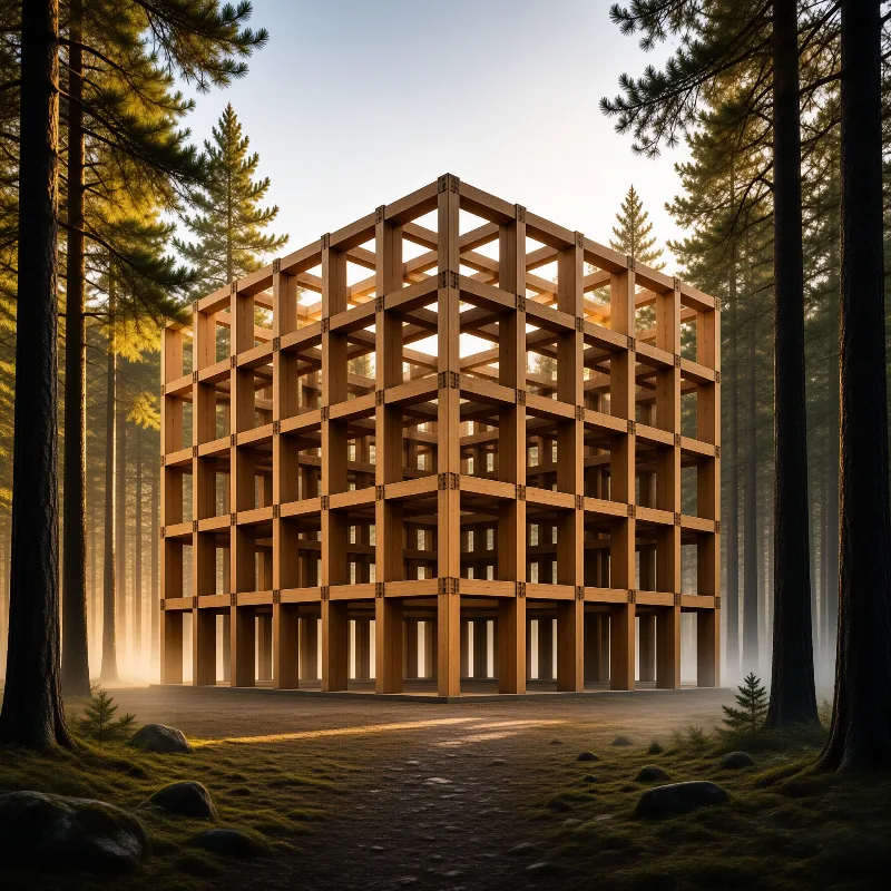 A large wooden structural grid stands among tall pine trees, lit by soft golden morning light.