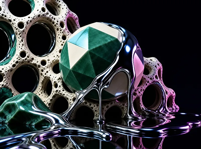 A faceted green gem rests on a porous lattice while shiny liquid metal flows over the forms creating bright reflections.