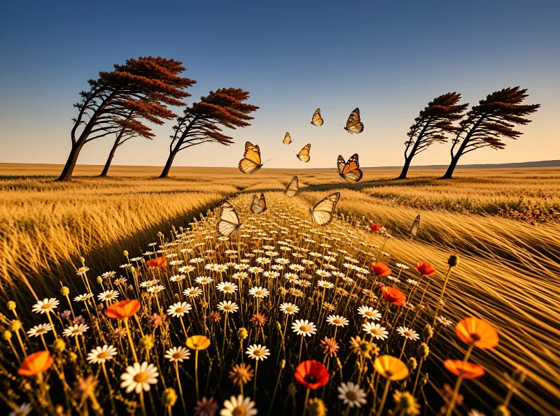 Butterflies hover above a flower-filled wheat field while leaning pines stand against a clear blue sky.