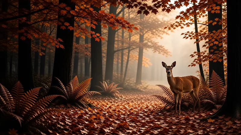 A young deer pauses on a carpet of orange leaves while misty sunlight filters between dark trunks and red maple branches.