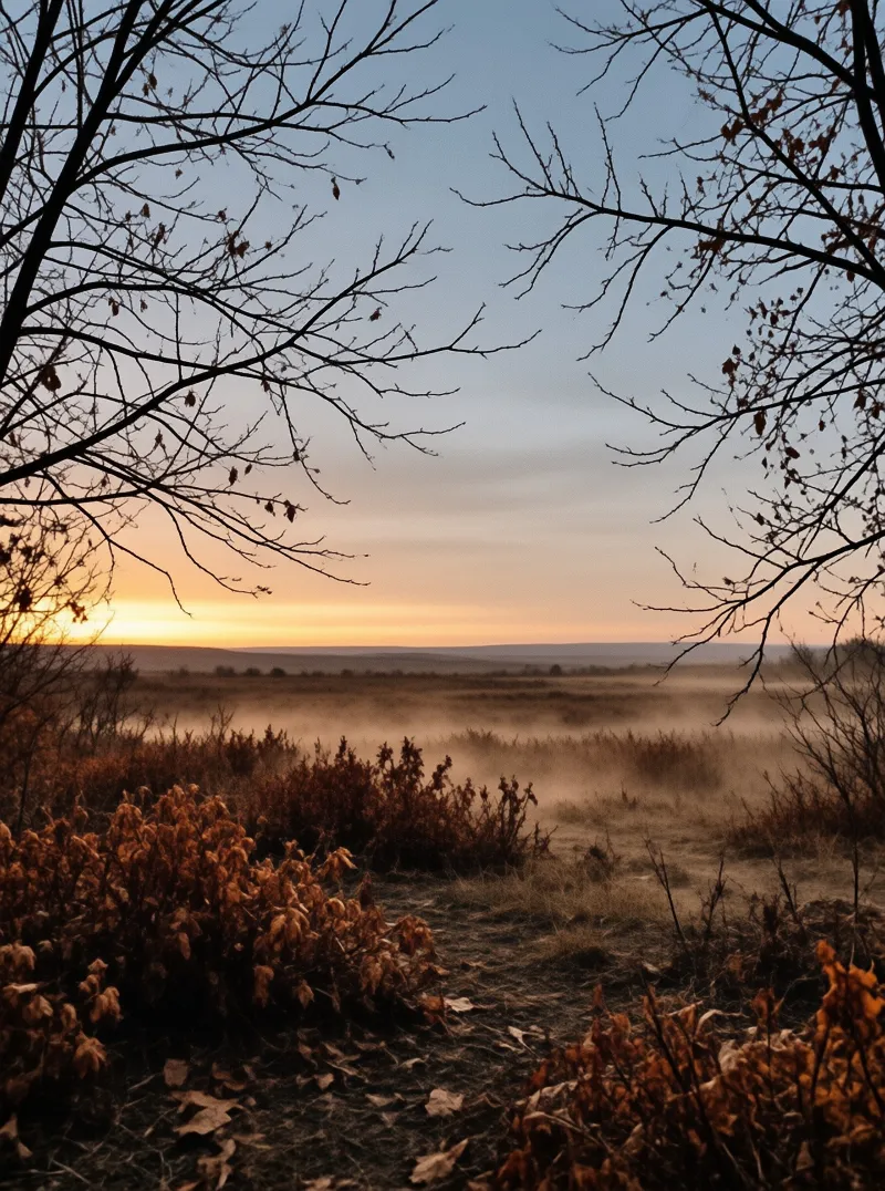 Silhouetted branches frame a view over a misty field with dry vegetation and a glowing orange horizon.