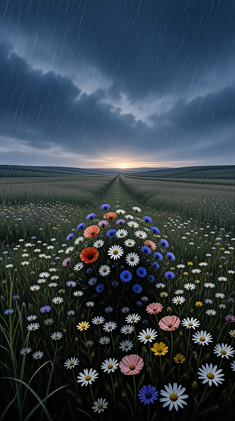 A dense bouquet of daisies and poppies glows in the foreground of a rain streaked field under a heavy storm sky.