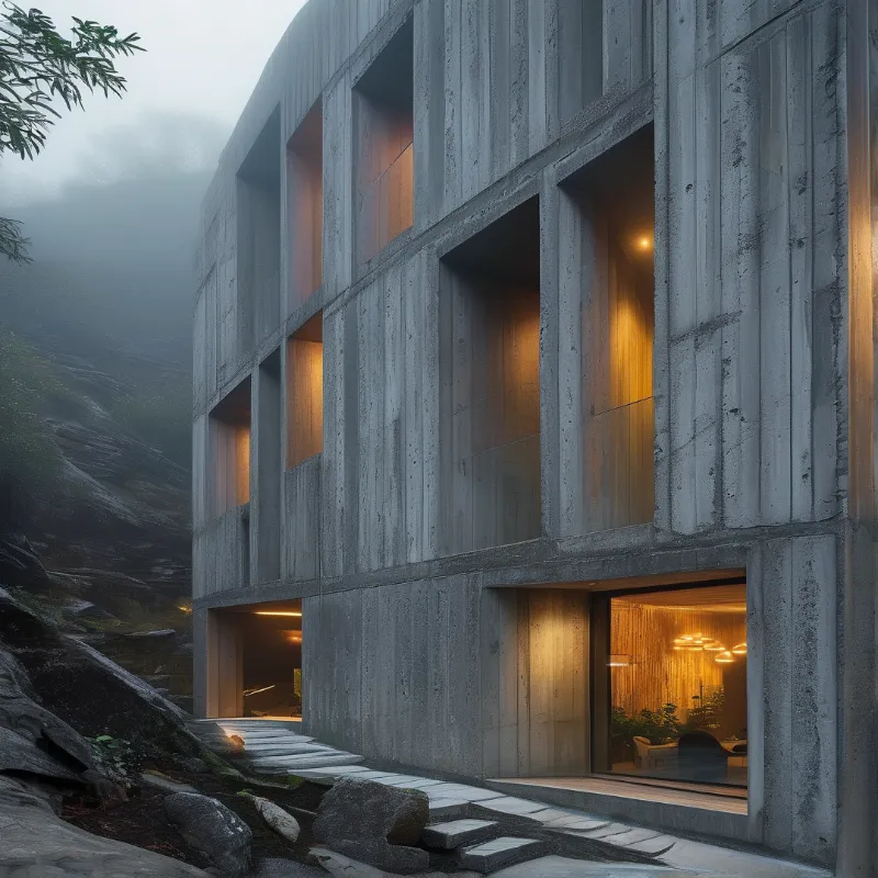 A grey cast concrete facade with deep window openings glows amber from inside while mist drifts over dark rocks beside it.