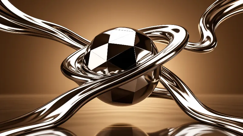 A faceted sphere floats centrally while glossy liquid metal ribbons twist around it under warm golden lighting.