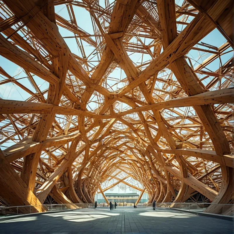 Curved wooden beams weave together to form a tunnel-like canopy filtering bright daylight onto the paved walkway.