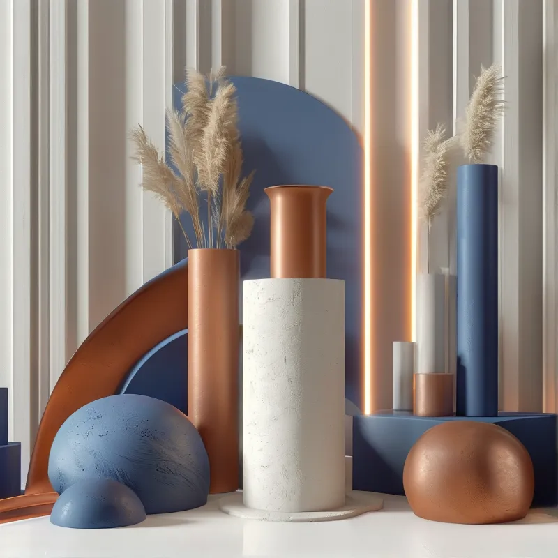 Minimalist still life of textured cylinders and grasses lit by warm vertical strips against a striped wall.