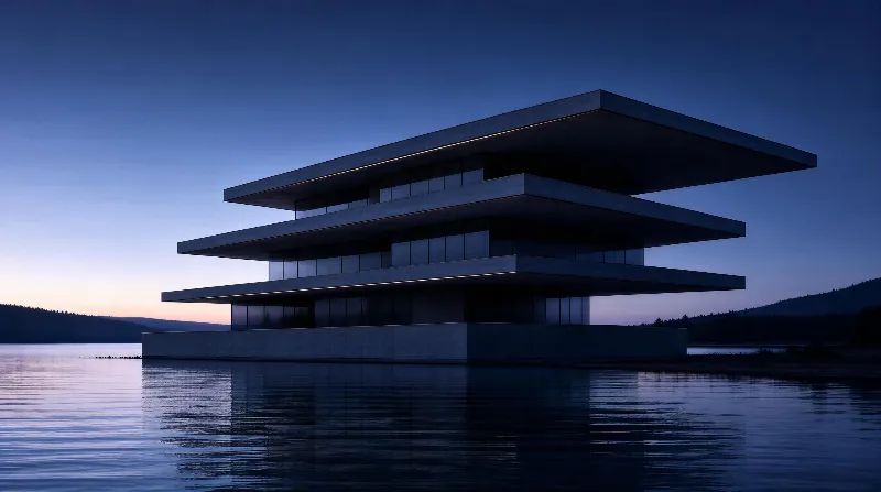 A modern concrete structure with stacked horizontal slabs sits by a calm lake during twilight, its reflection visible in the still water under a deep blue sky