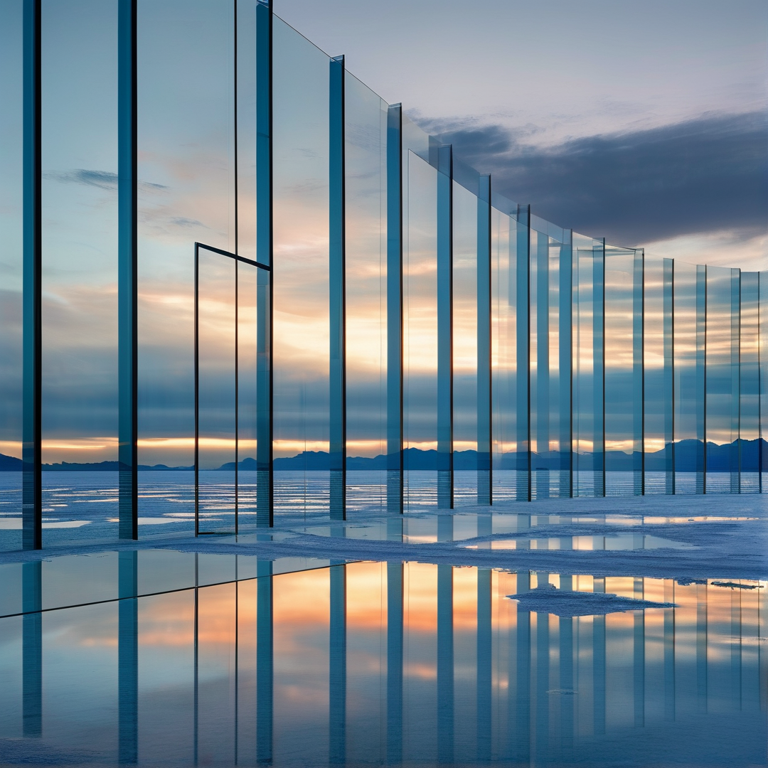 Vertical glass panels stand in shallow water reflecting the gradient sky at dusk.