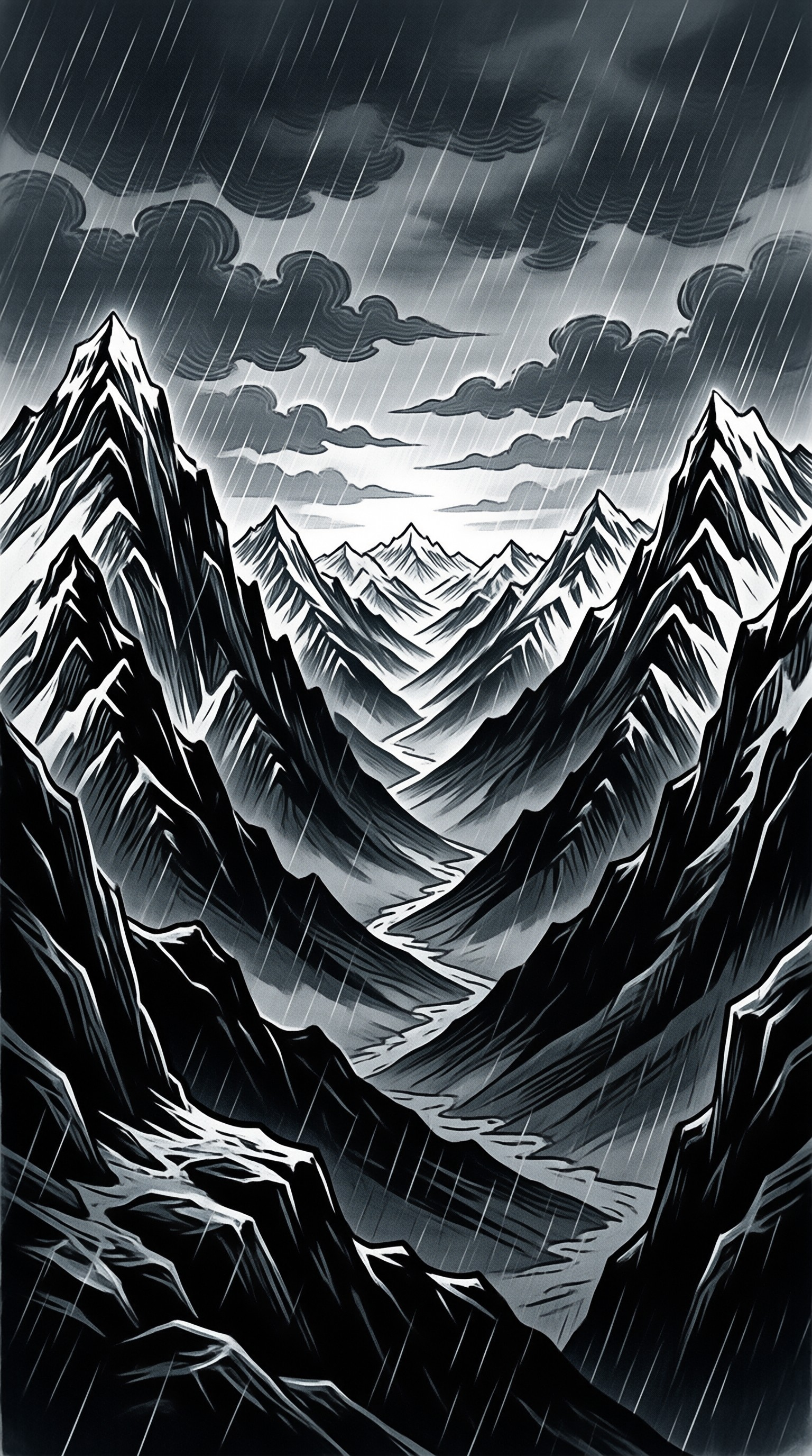 A monochrome illustration of sharp mountain peaks surrounded by dark clouds and falling rain.