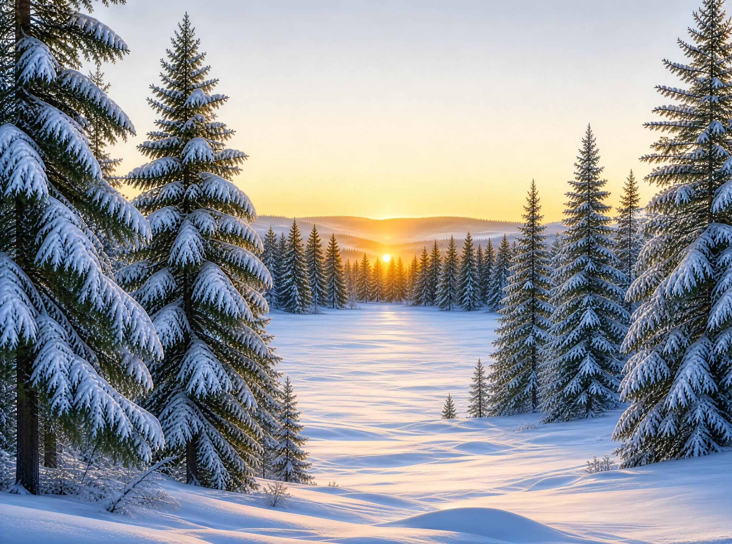 Snowy Pine Forest at Sunrise