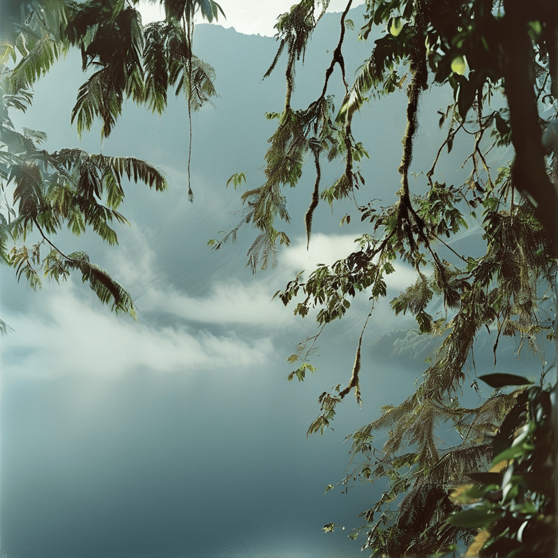 Hanging moss-covered trees frame a distant misty mountain range under soft diffused lighting