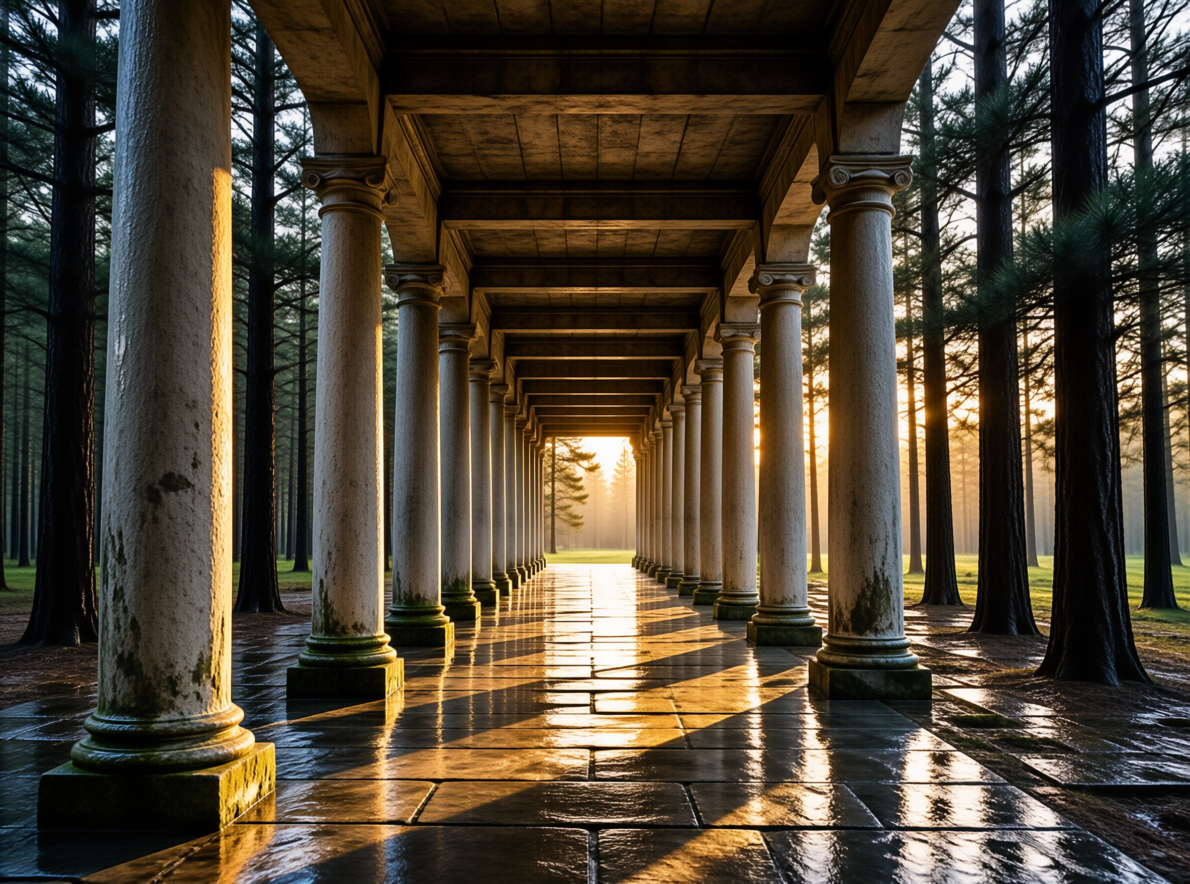 A row of weathered stone columns stands inside a pine forest with sunlight reflecting off the wet stone floor.
