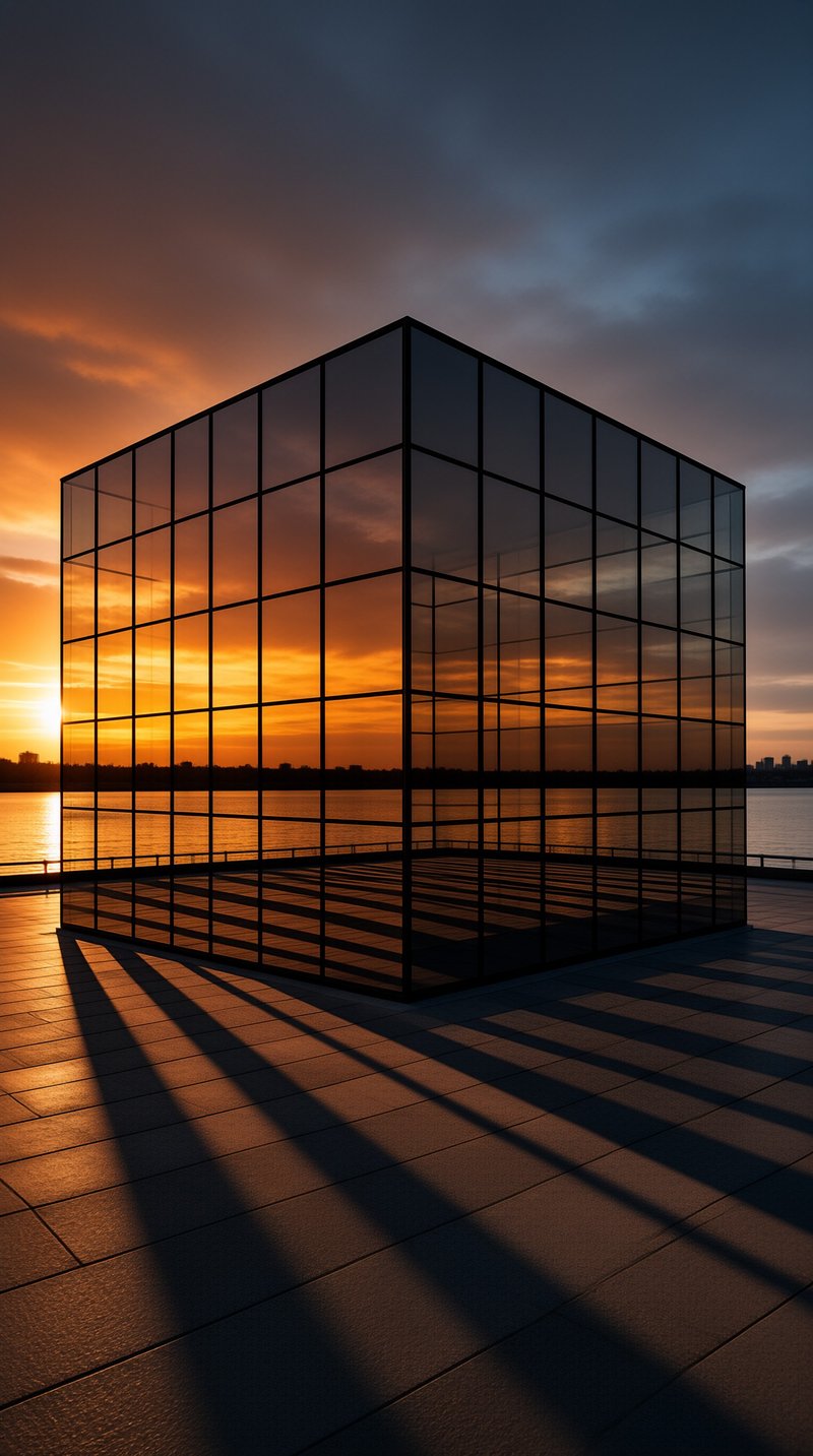 A transparent geometric building stands near a lake while the sun sets behind distant hills casting shadows on the ground.