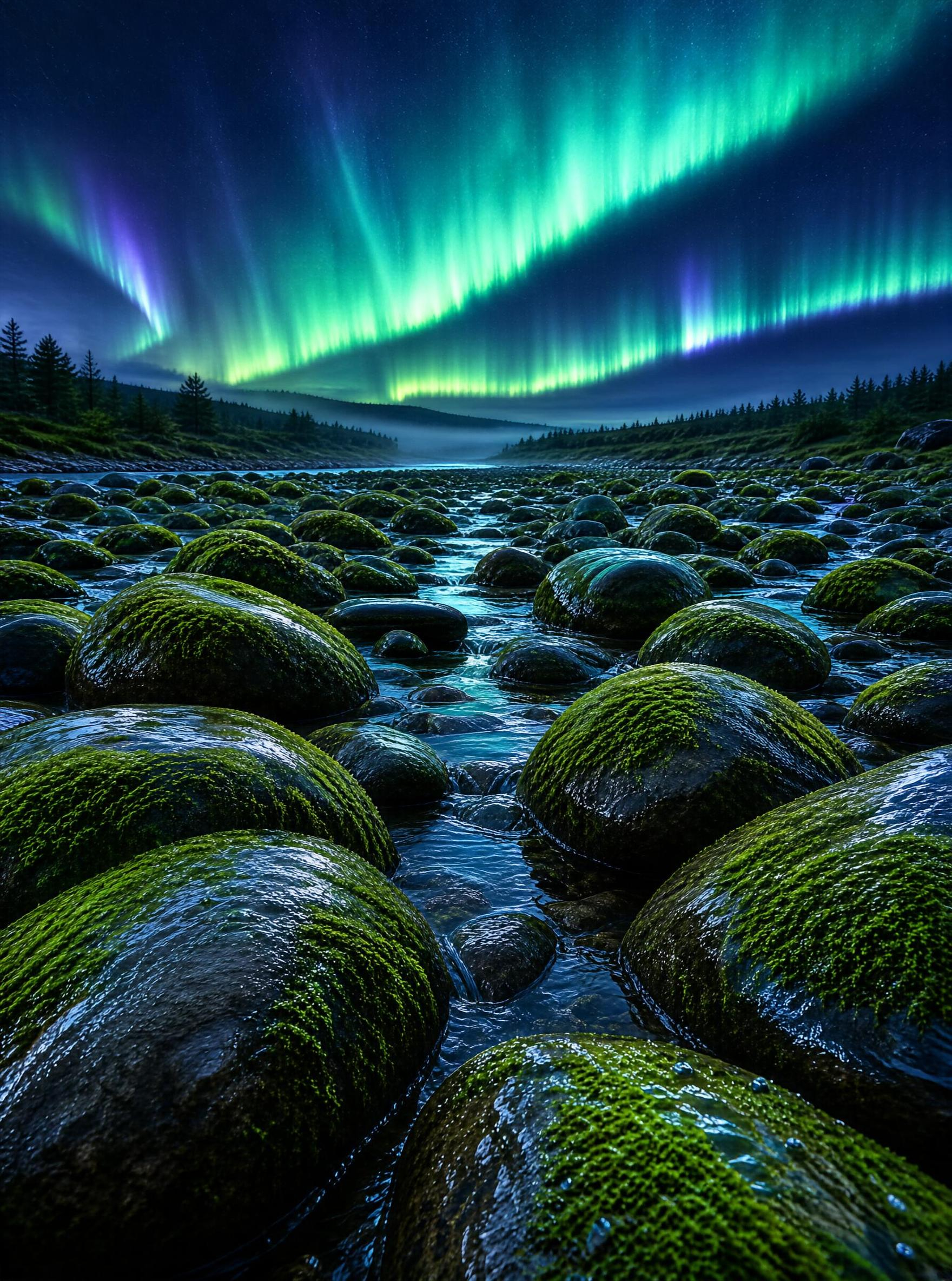 Mossy Rocks Under Aurora