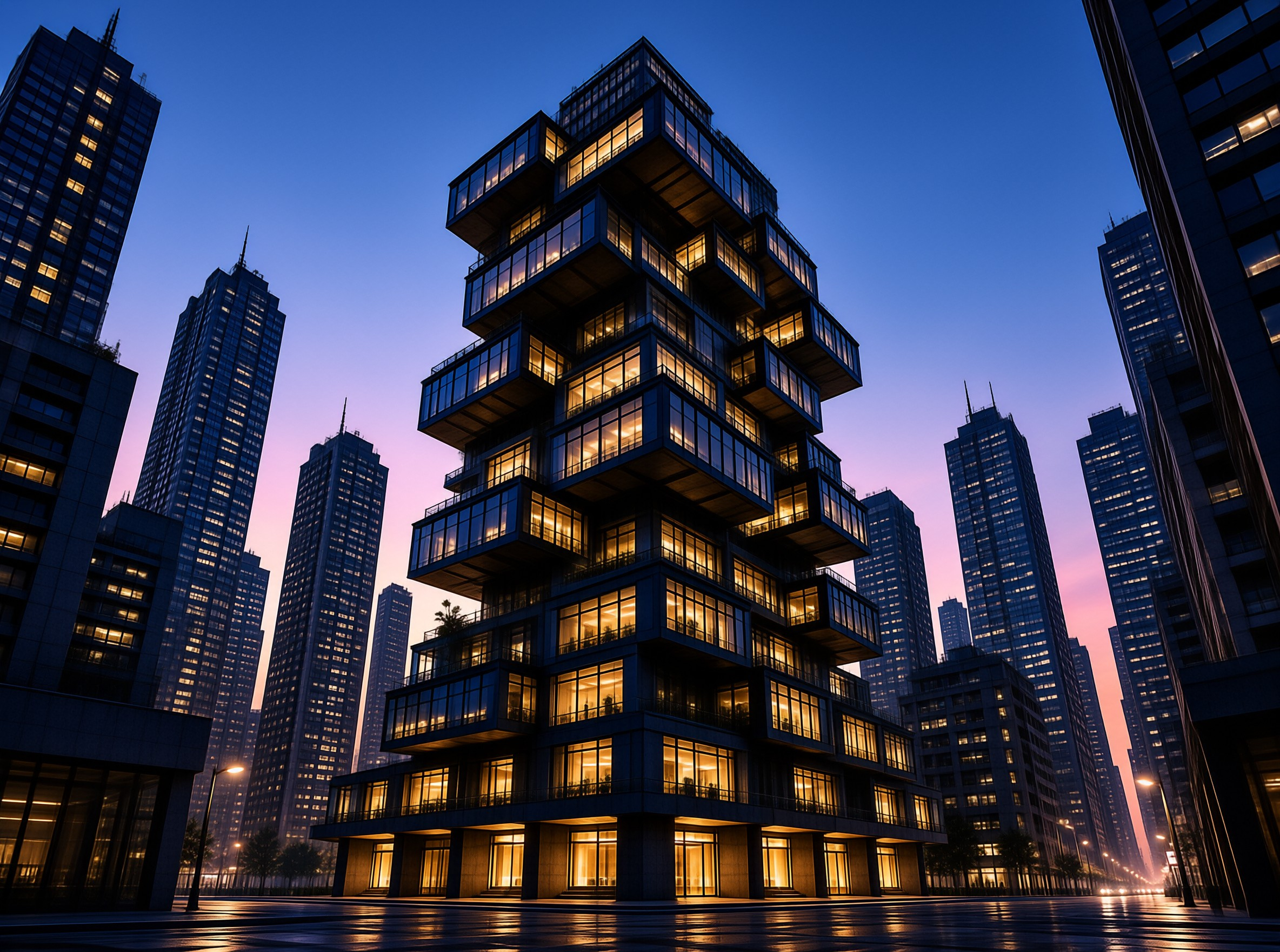A residential high rise built from offset glass cubes glows amber against a gradient dusk sky over a wet plaza.