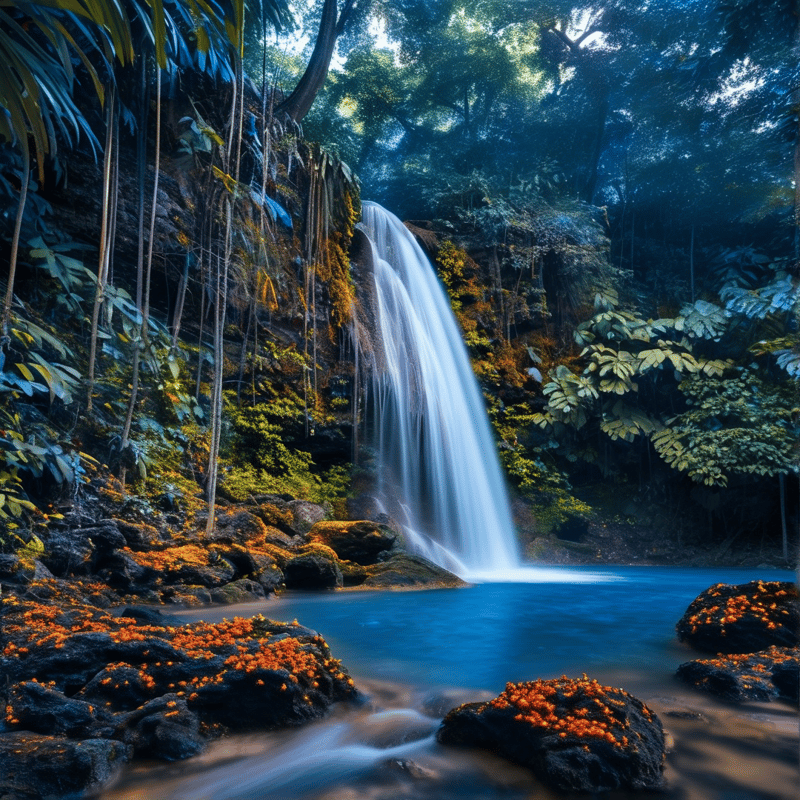 White water cascades from a moss-covered cliff into a tranquil deep blue basin surrounded by thick green jungle vegetation.