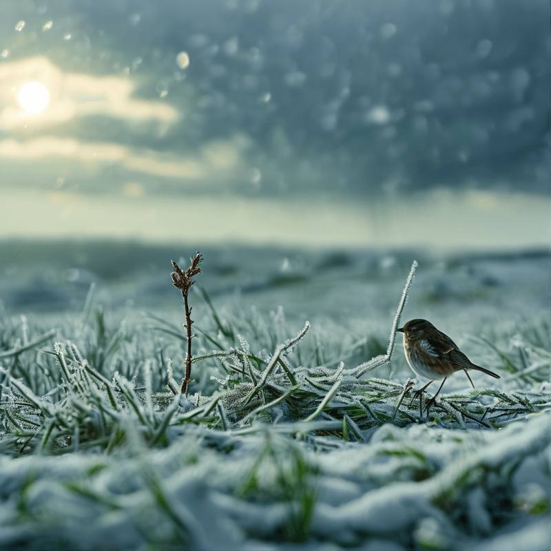 A small bird stands on frosty grass as soft golden sunlight illuminates the cold morning scene from the left.