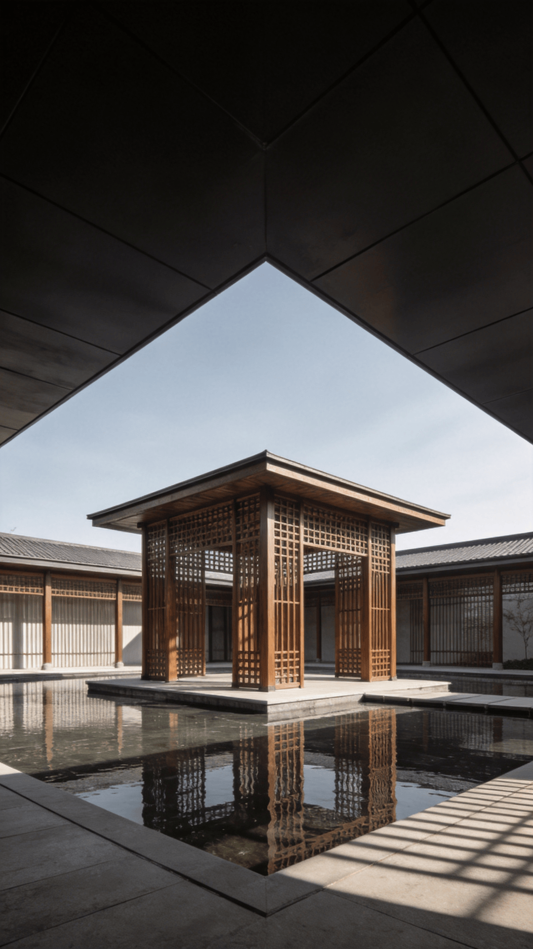 Wooden Pavilion Over a Reflecting Pool — Wide Panoramic