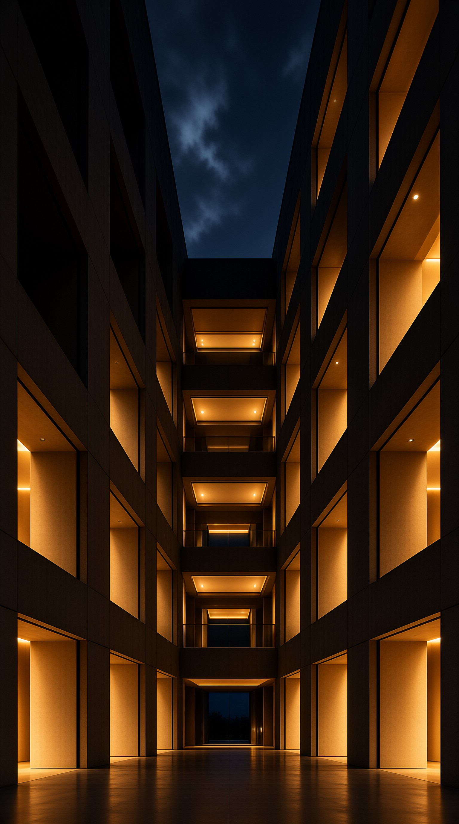 Warm orange light fills stacked recessed alcoves along a dark interior courtyard open to a night sky.