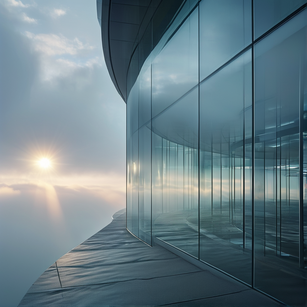 Curved Glass Facade in Sunset Cloudsea