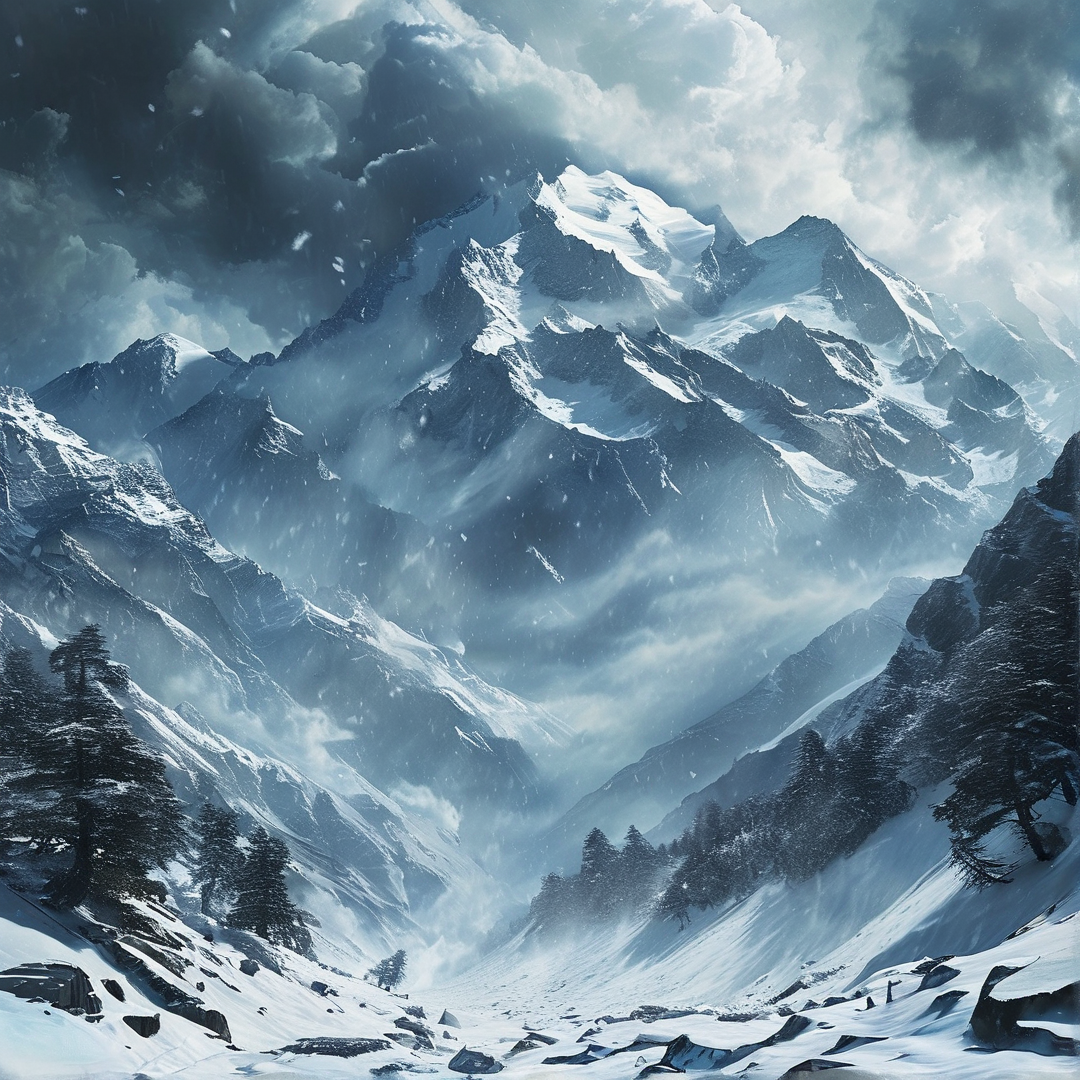 Snowy Peaks Under Storm