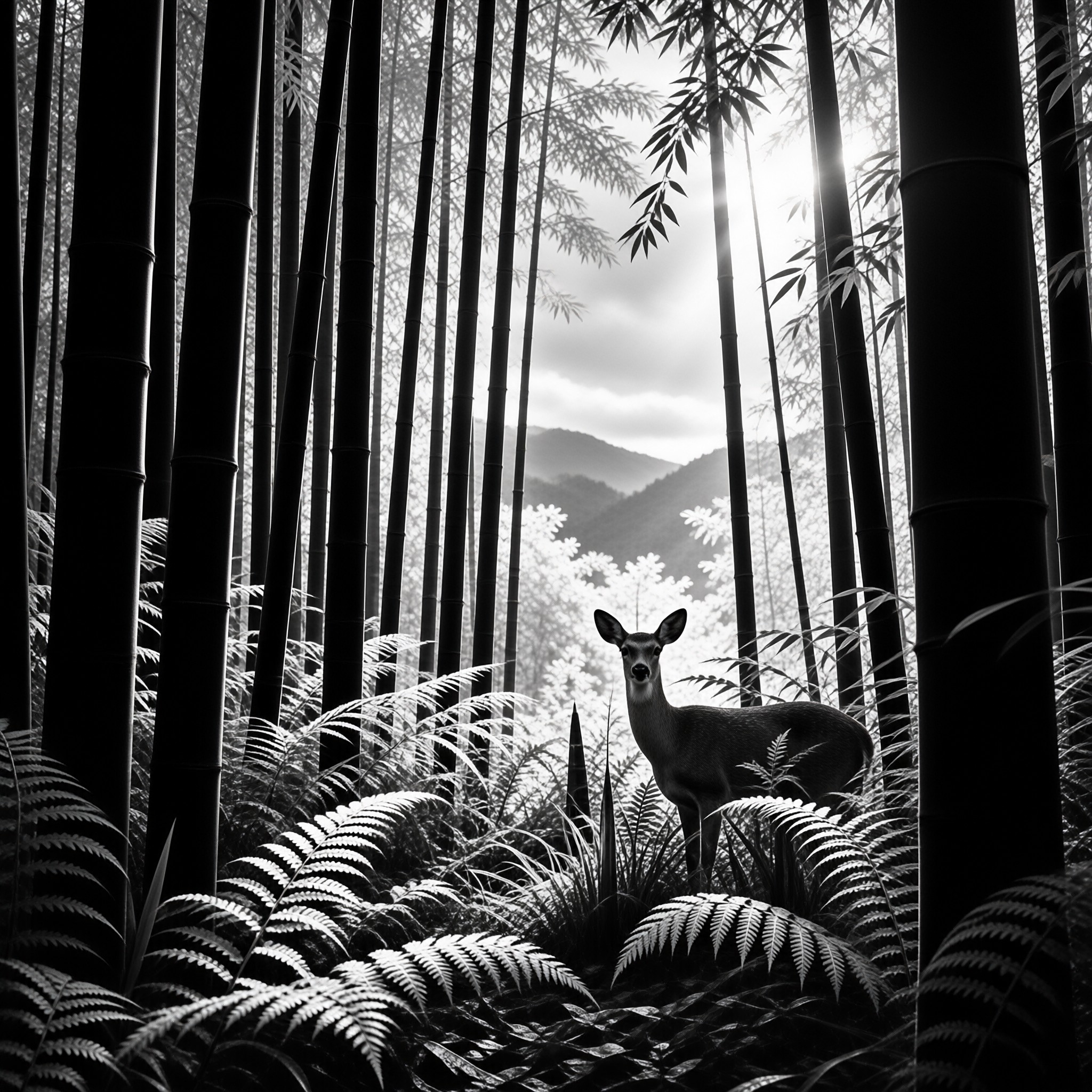 A deer looks forward while standing amidst tall bamboo stalks and ferns in a monochrome forest landscape.