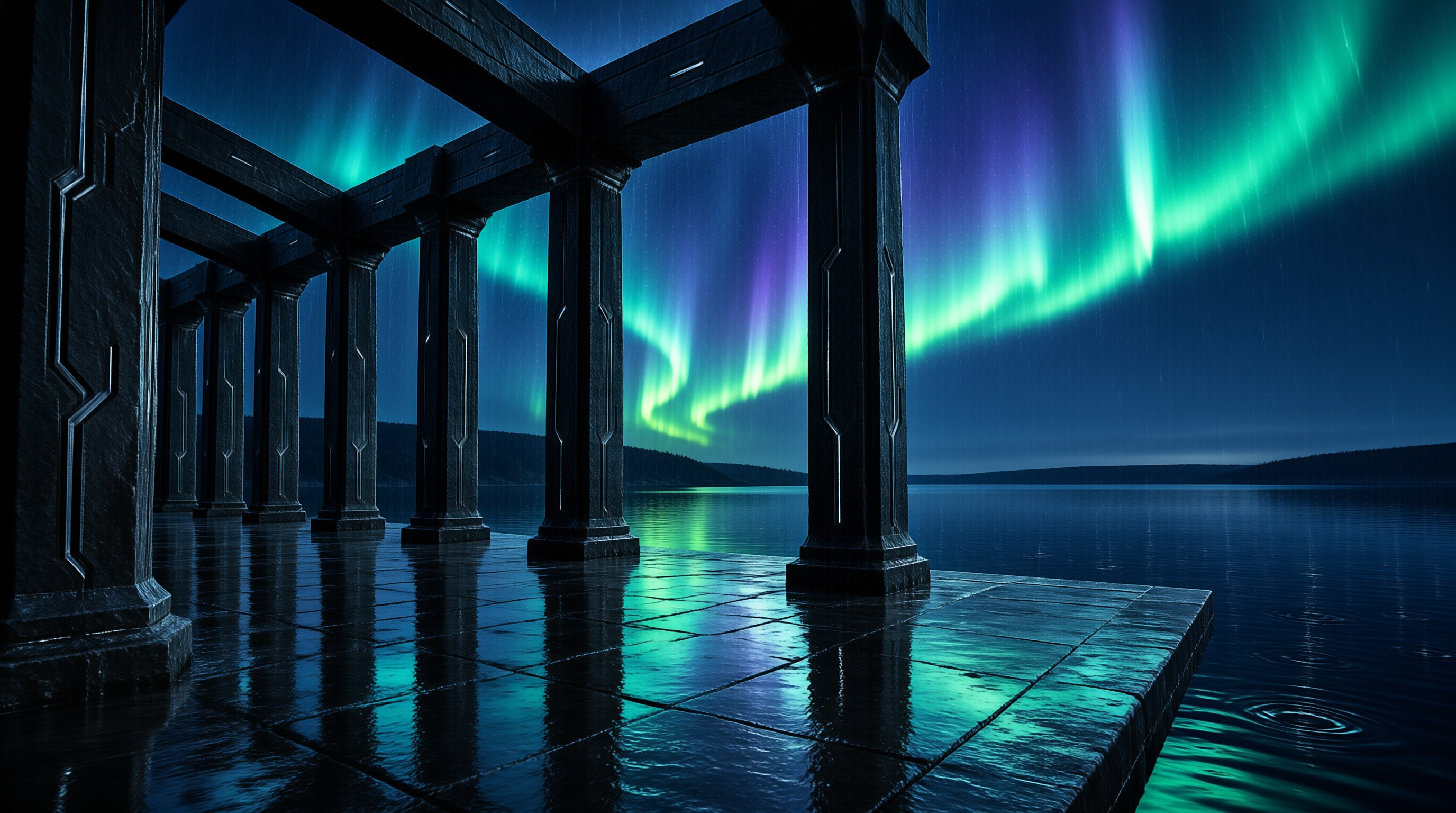 Basalt Colonnade in Aurora Light