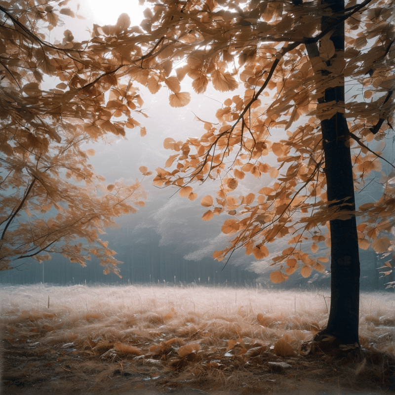 A tranquil woodland scene featuring golden autumn foliage and dry grass illuminated by gentle diffused light through a misty air.