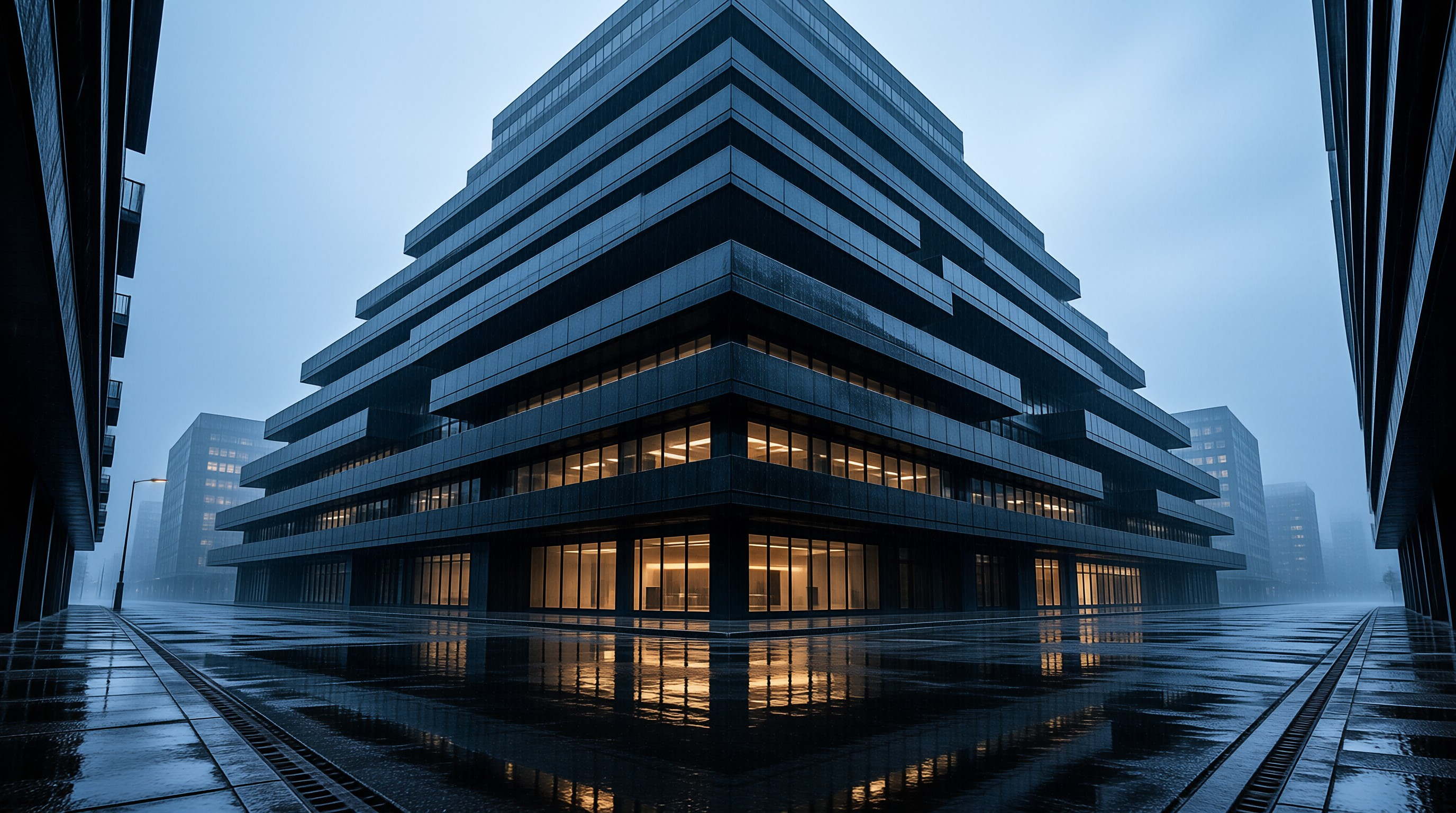 Modern Building in Rain