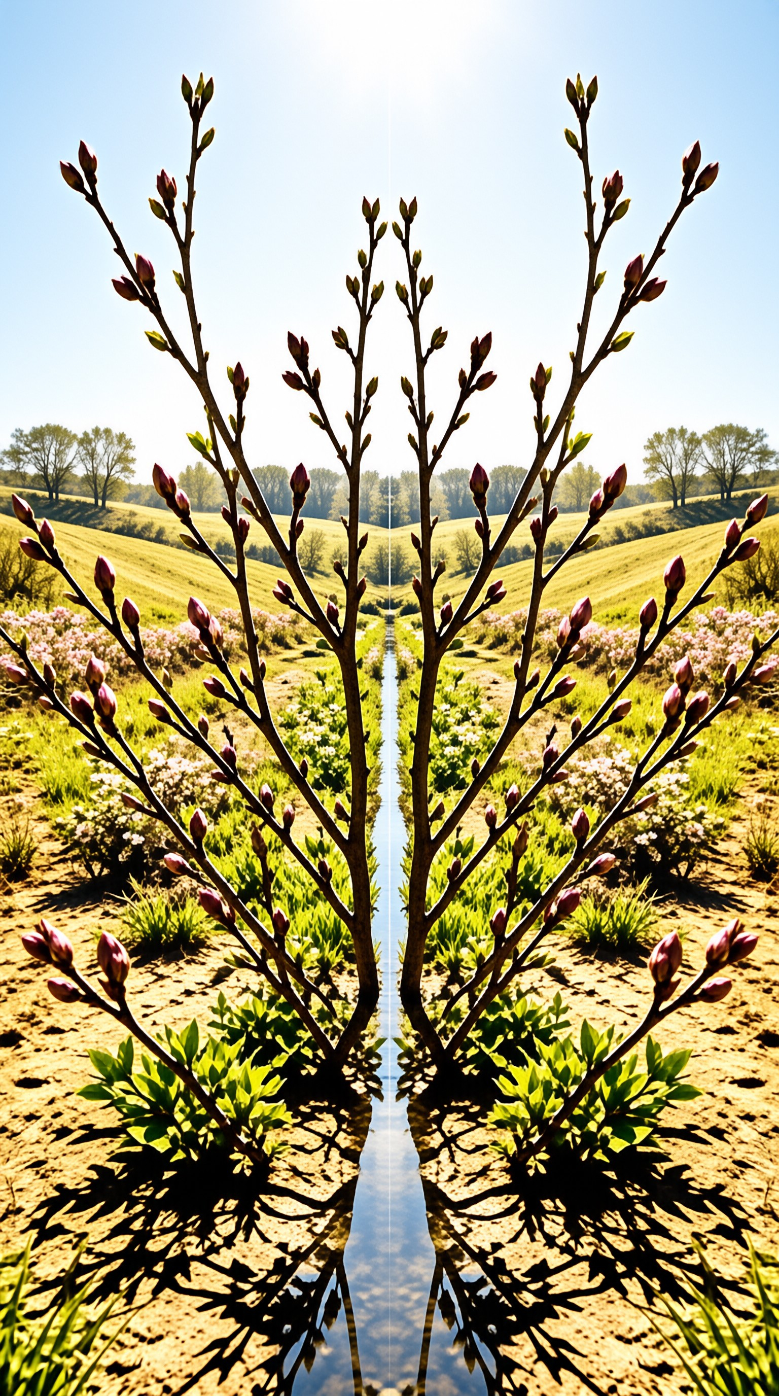 Mirrored pink buds on branches overlook a stream winding through sunlit green hills.