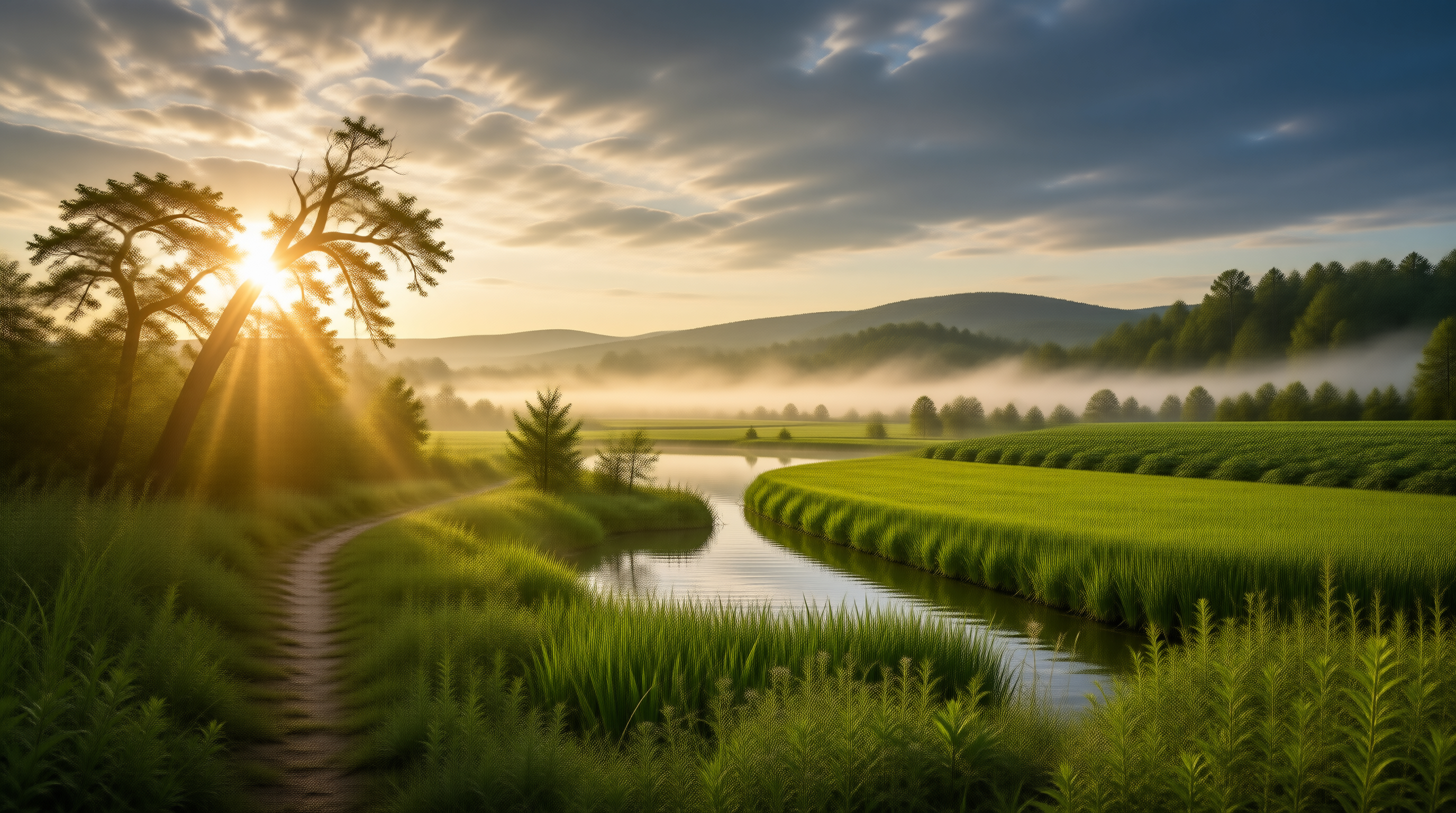 Sunrise Over a Tranquil River Valley