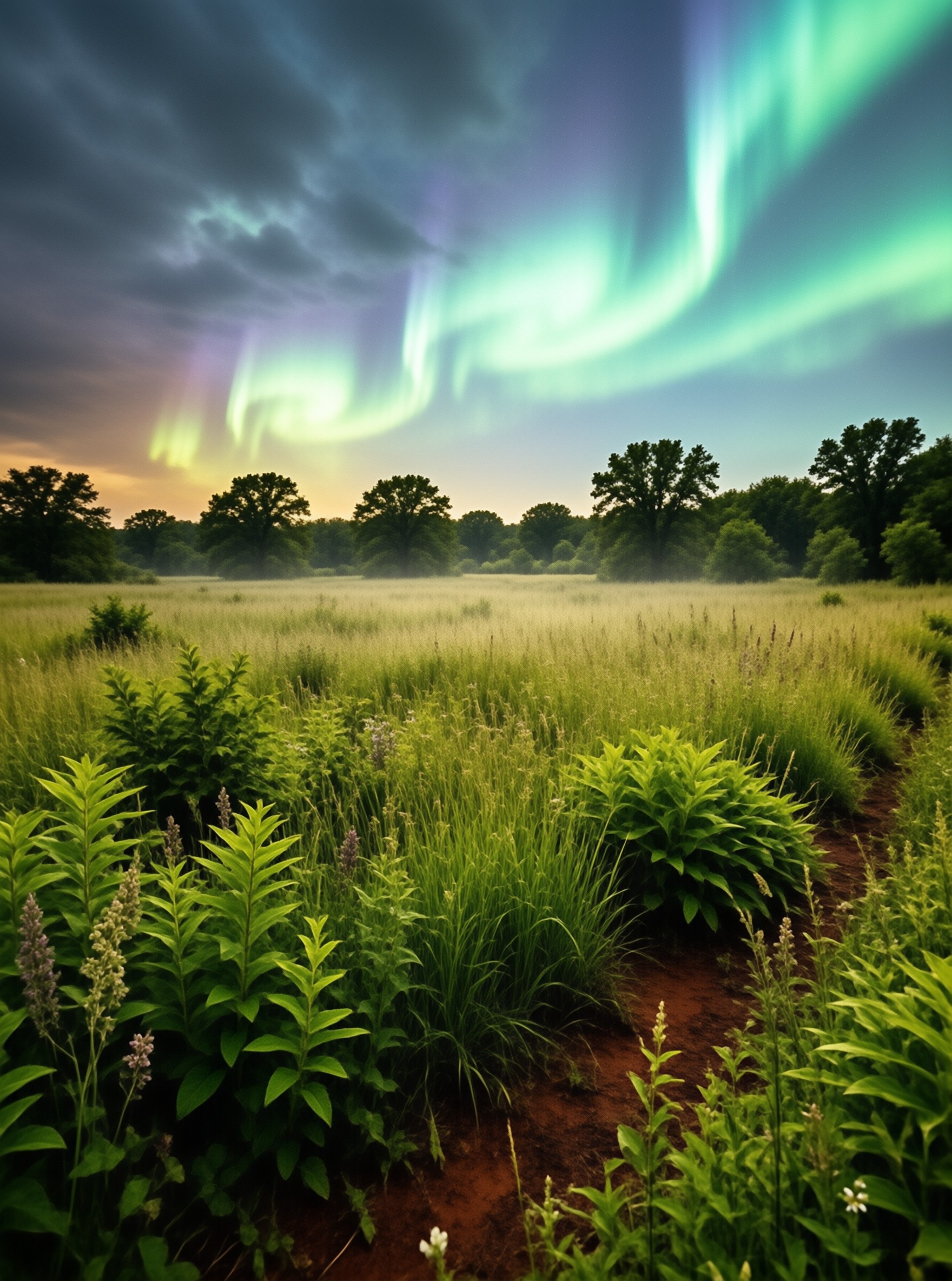 Aurora over a Green Field