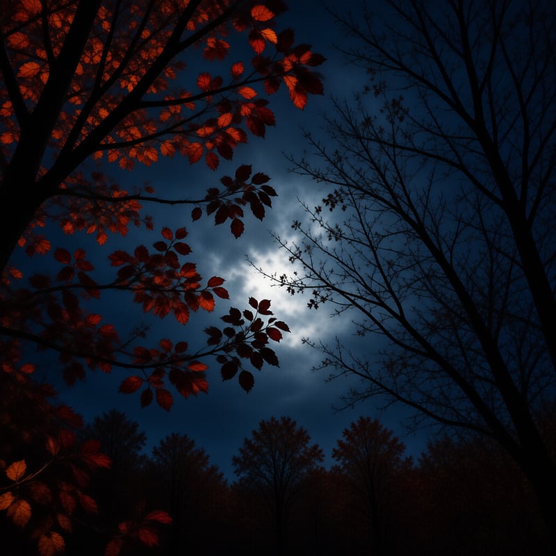 Silhouetted branches frame a moonlit cloud while reddish leaves glow brightly against the deep blue night sky.