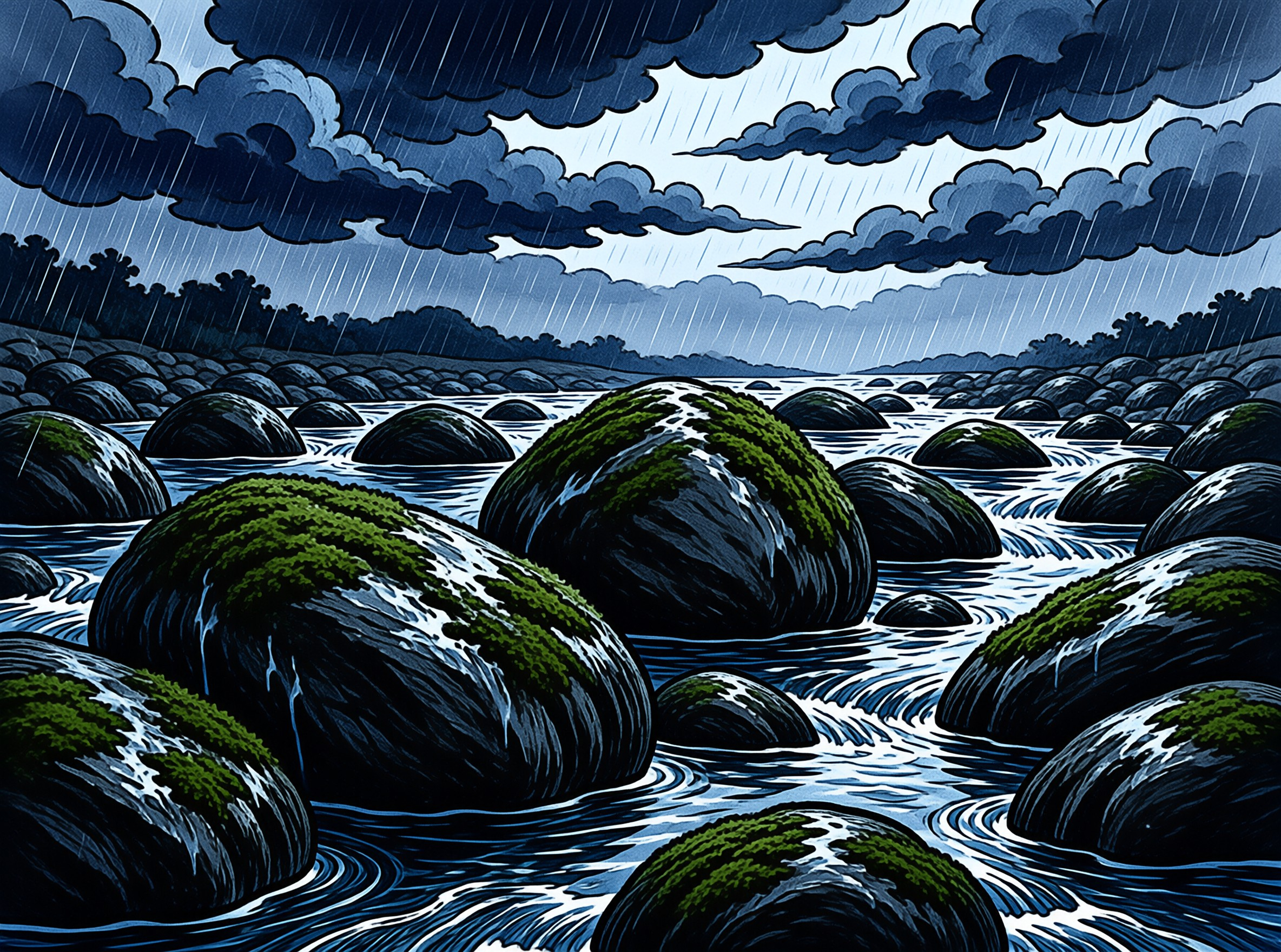 Large mossy rocks in a river during a heavy rainstorm with dark clouds and diagonal rain streaks.