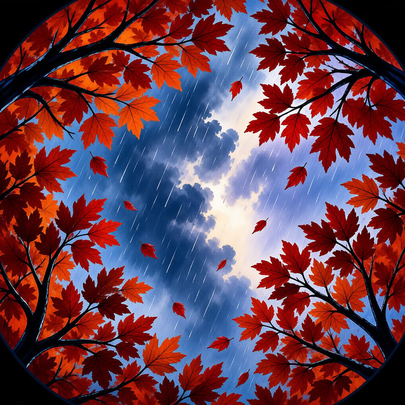 Vibrant red maple leaves encircle a cloudy sky while diagonal rain streaks fall through the space between the branches.