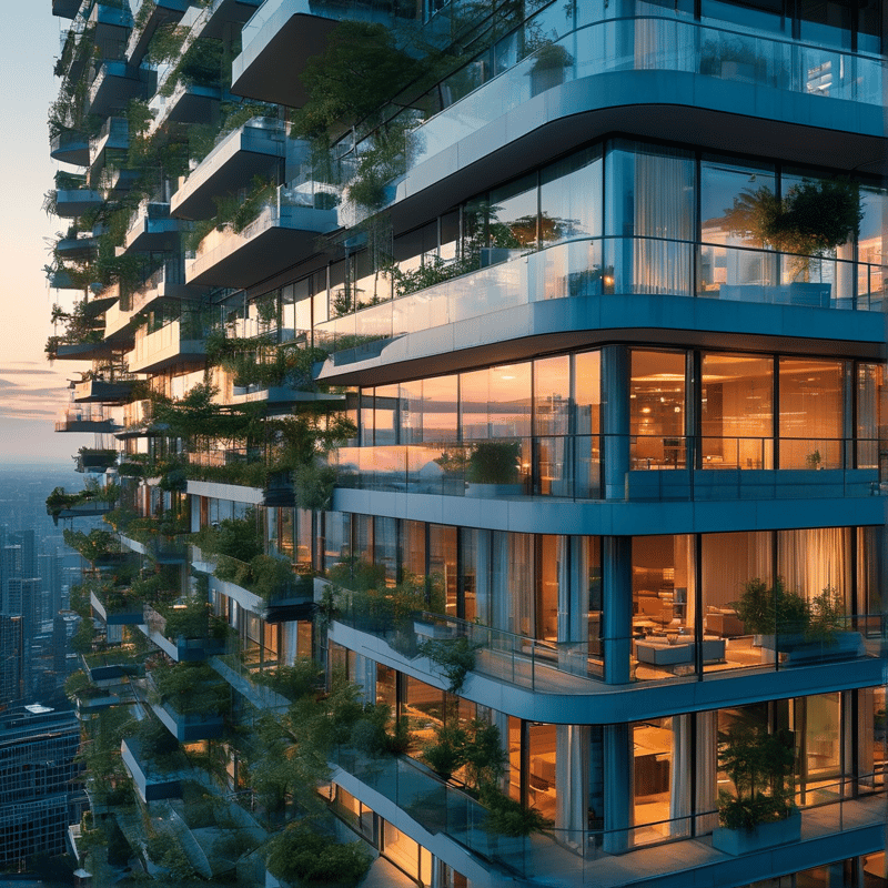 A curved high-rise displays balconies covered in green plants while warm interior lights glow against the cool evening sky.