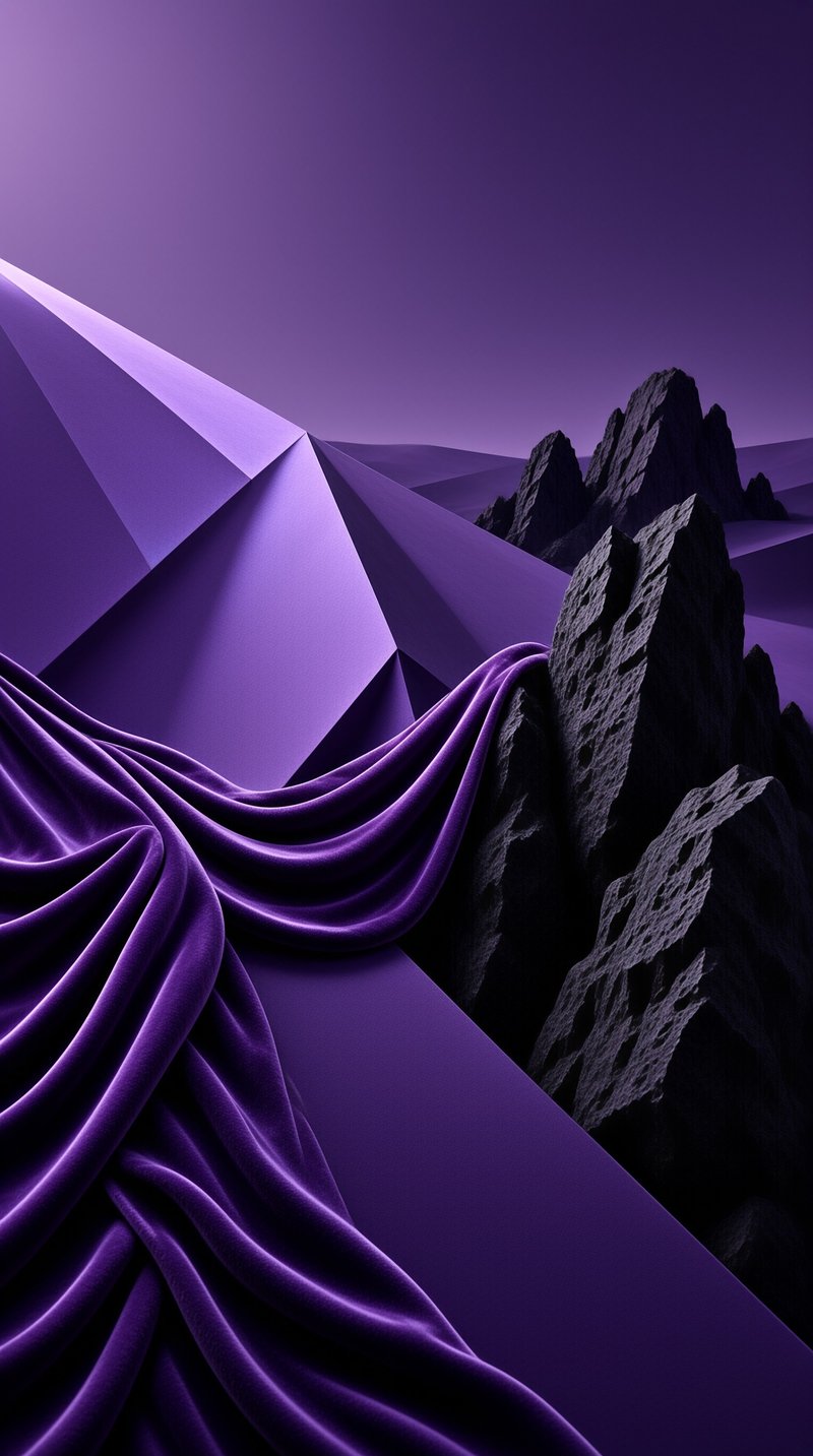 Jagged dark rocks rise beside smooth angular purple hills where silky purple cloth flows across the ground.