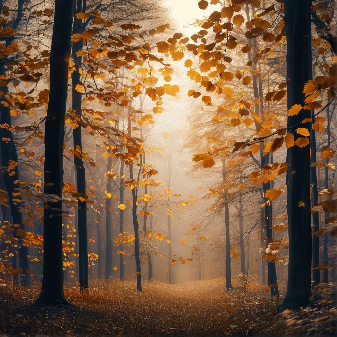 Sunlit Misty Autumn Forest