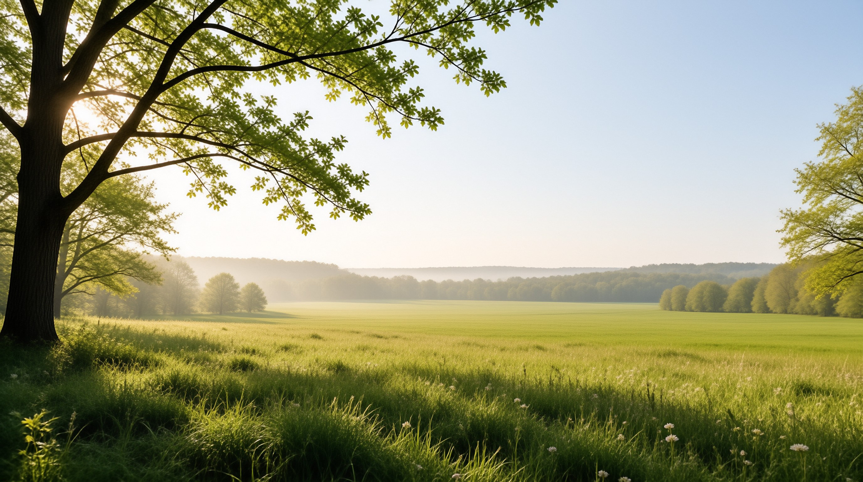 Sunlight shines through tree leaves on the left above a green field with fog rolling over distant woods in the background.
