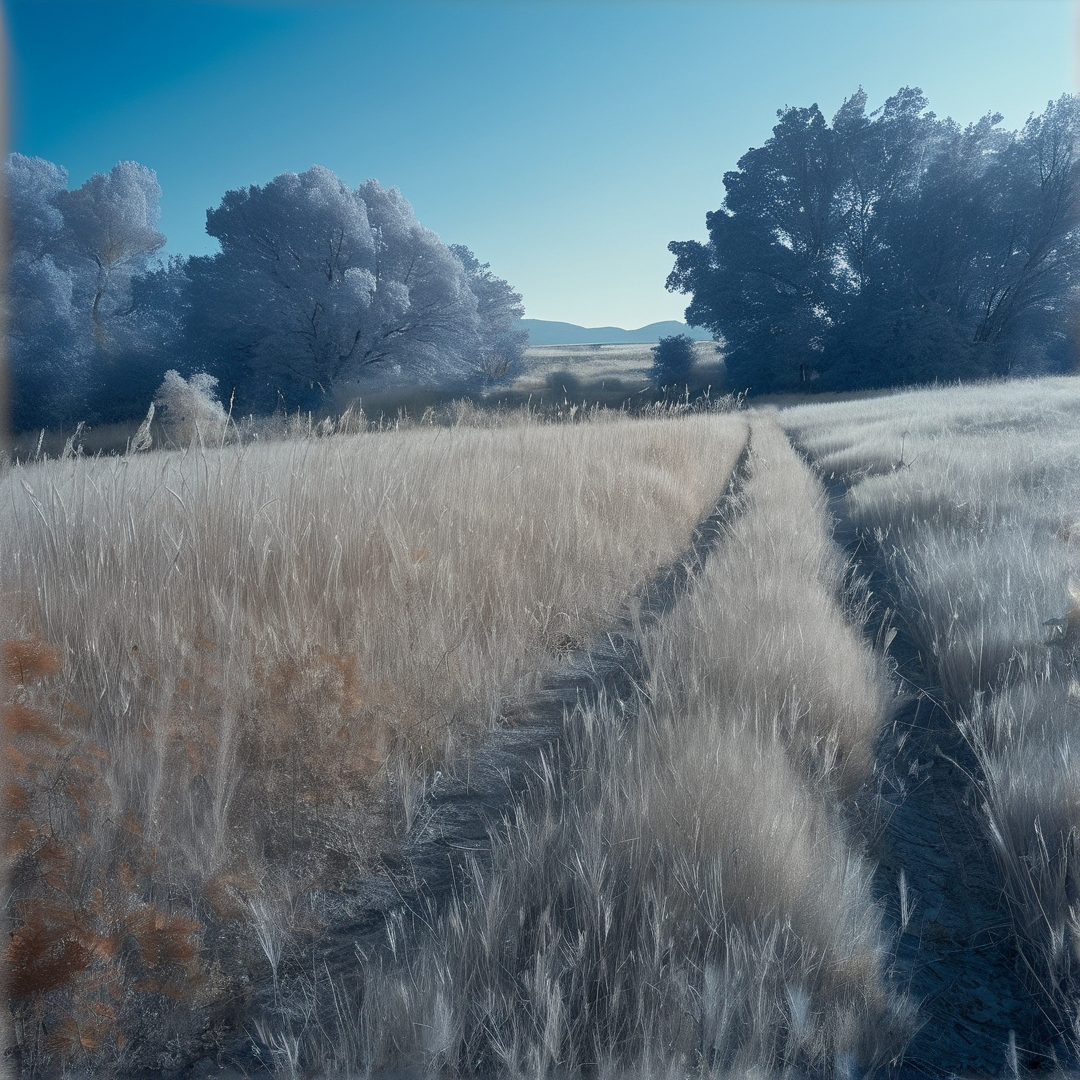 A winding path cuts through a field of tall grass covered in white frost under a bright blue sky with trees in the distance.