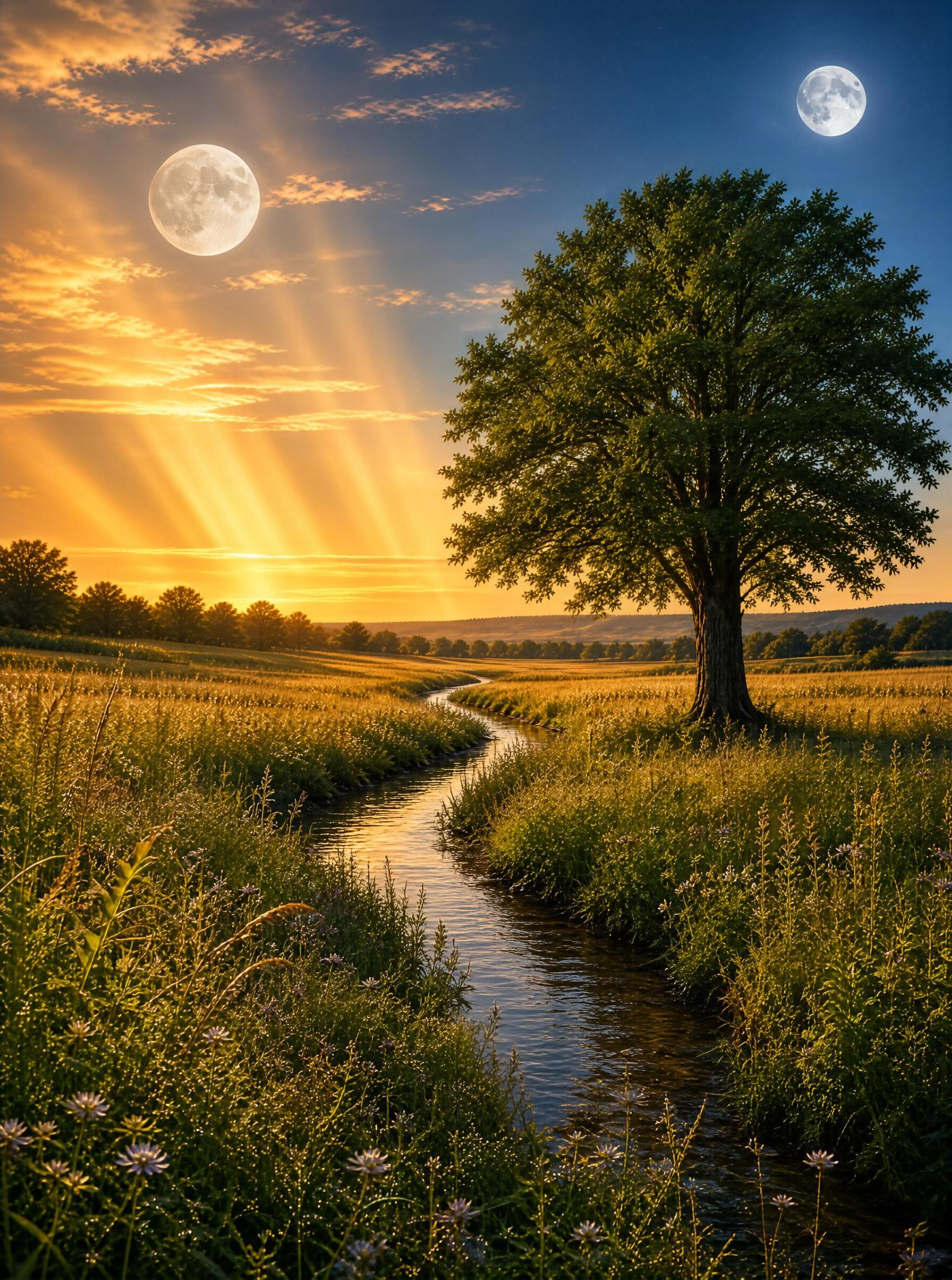 Tranquil River with Two Moons